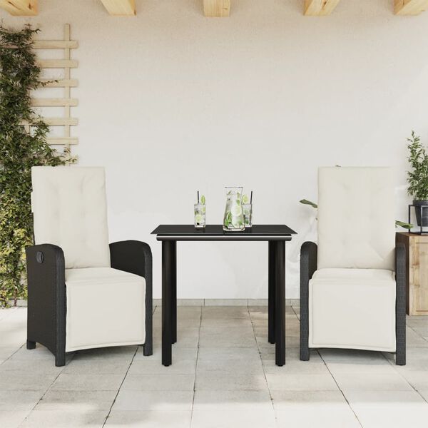 vidaXL Ensemble de bistro 3 pcs avec coussins noir r&eacute;sine tress&eacute;e