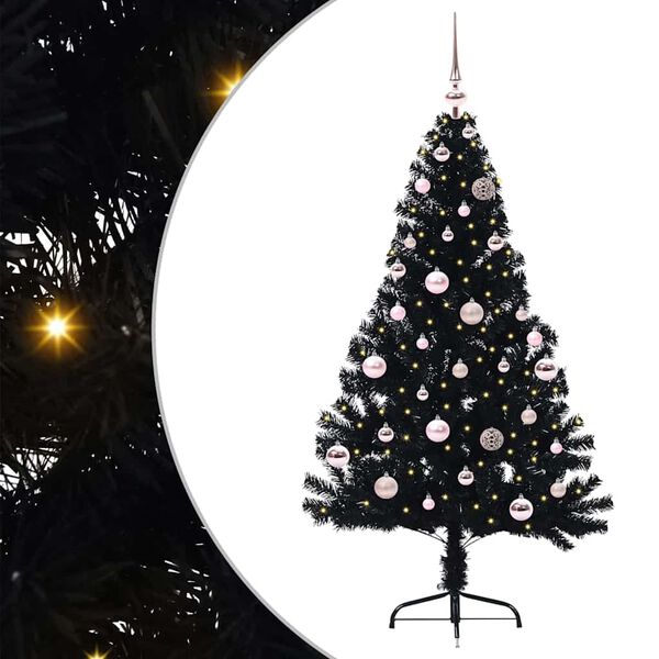 vidaXL Sapin de No&euml;l artificiel pr&eacute;-&eacute;clair&eacute; Noir 150 cm PVC