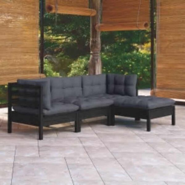vidaXL Salon de jardin 4 pcs avec coussins Noir Bois de pin