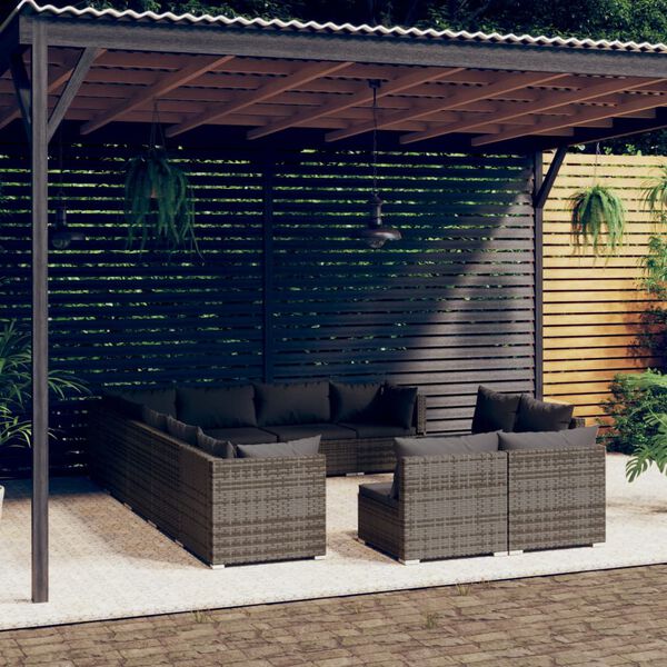 vidaXL Salon de jardin 12 pcs avec coussins Gris R&eacute;sine tress&eacute;e