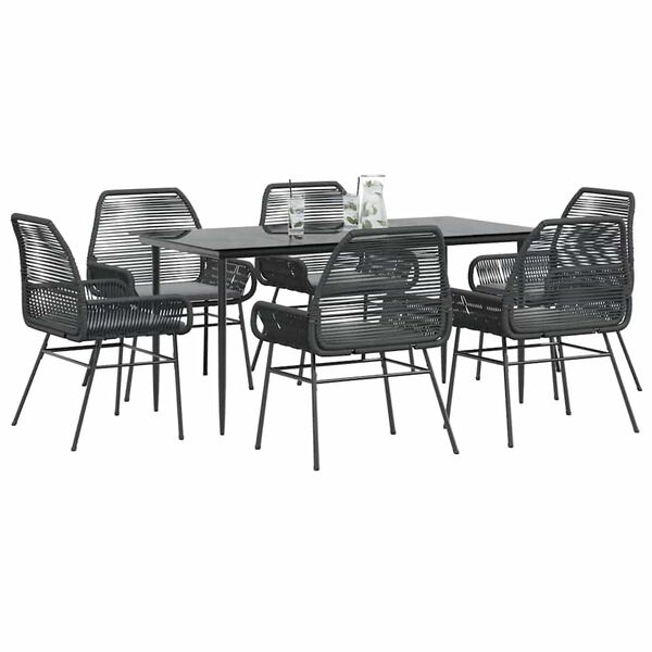 vidaXL Ensemble &agrave; manger de jardin coussins 7pcs noir poly rotin verre