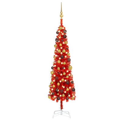 vidaXL Arbre de Noël mince pré-éclairé et boules rouge 150 cm