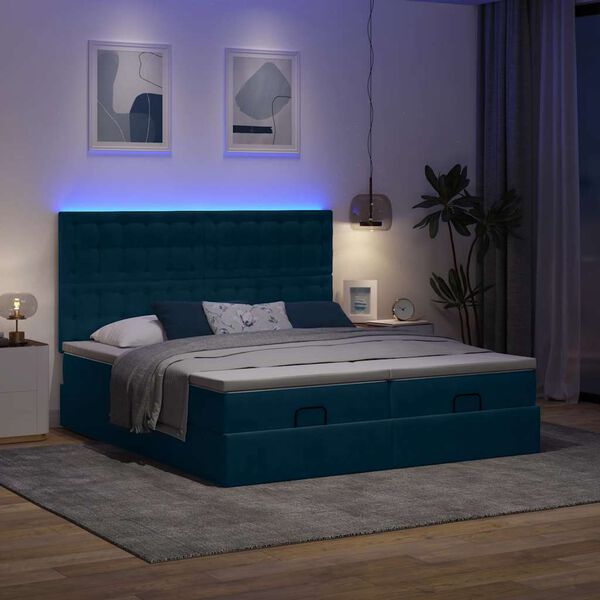 vidaXL Cadre de lit ottoman avec matelas bleu fonc&eacute; 200x200 cm velours
