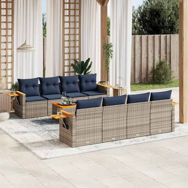 vidaXL Salon de jardin 9 pcs avec coussins gris r&eacute;sine tress&eacute;e
