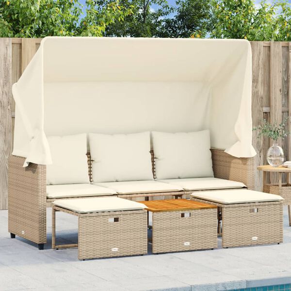 vidaXL Canapé de jardin 3 places avec auvent et tabourets beige rotin