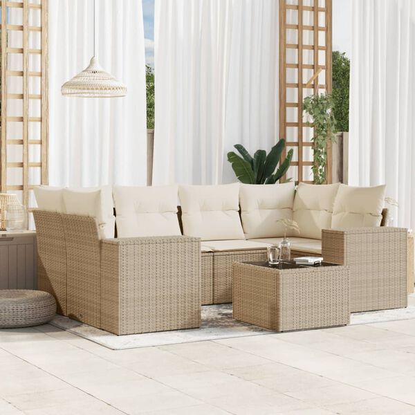 vidaXL Salon de jardin avec coussins 7 pcs beige r&eacute;sine tress&eacute;e