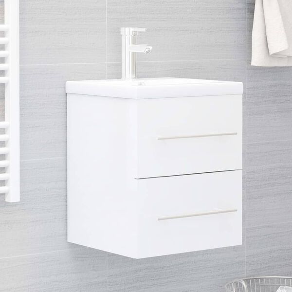 vidaXL Armoire d'&eacute;vier avec lavabo int&eacute;gr&eacute; Blanc brillant Agglom&eacute;r&eacute;