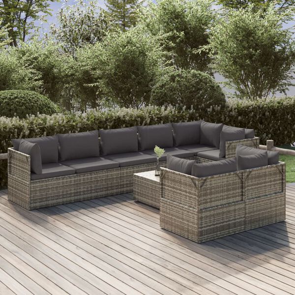 vidaXL Salon de jardin 9 pcs avec coussins Gris R&eacute;sine tress&eacute;e