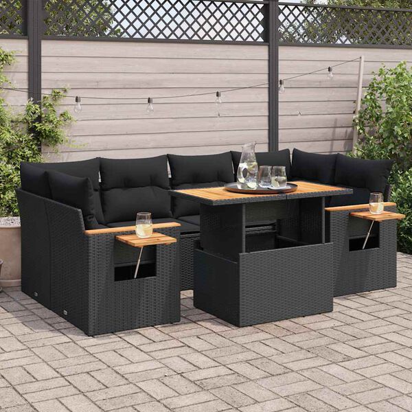 vidaXL Salon de jardin avec coussins 7 pcs noir r&eacute;sine tress&eacute;e acacia