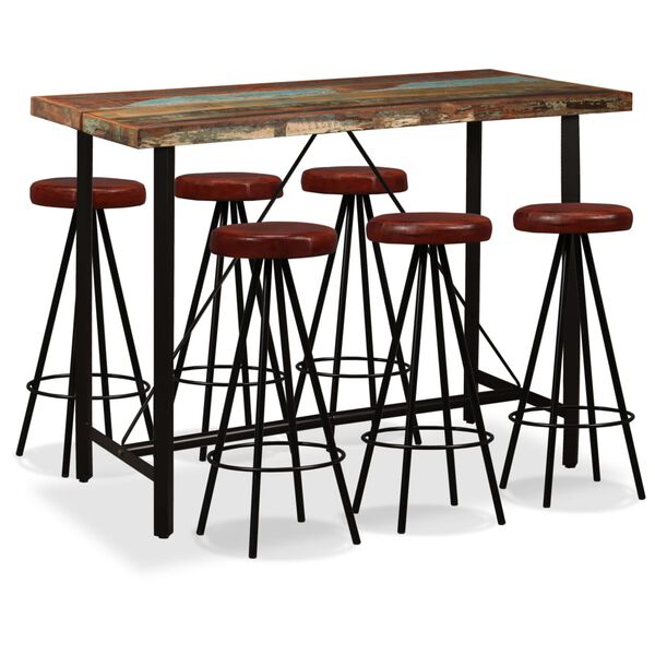 vidaXL Ensemble de bar 7 pcs Bois massif recycl&eacute; et cuir v&eacute;ritable