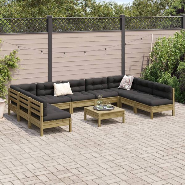 vidaXL Salon de jardin avec coussins 10 pcs bois de pin impr&eacute;gn&eacute;