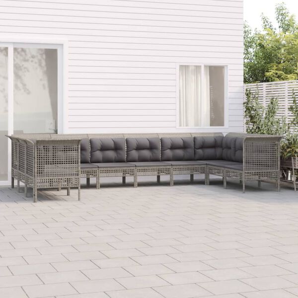 vidaXL Salon de jardin 10 pcs avec coussins Gris R&eacute;sine tress&eacute;e