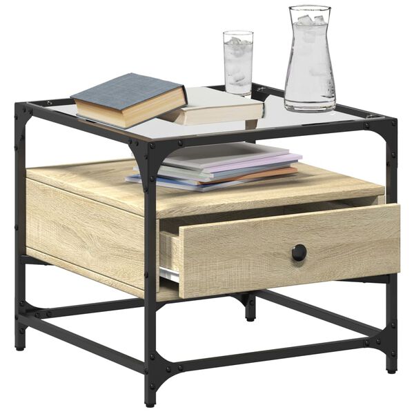 vidaXL Table basse et dessus en verre ch&ecirc;ne sonoma 50x50x45 cm acier