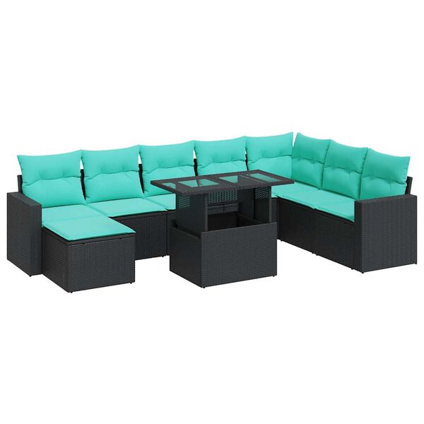 vidaXL Salon de jardin avec coussins 9 pcs noir r&eacute;sine tress&eacute;e acacia