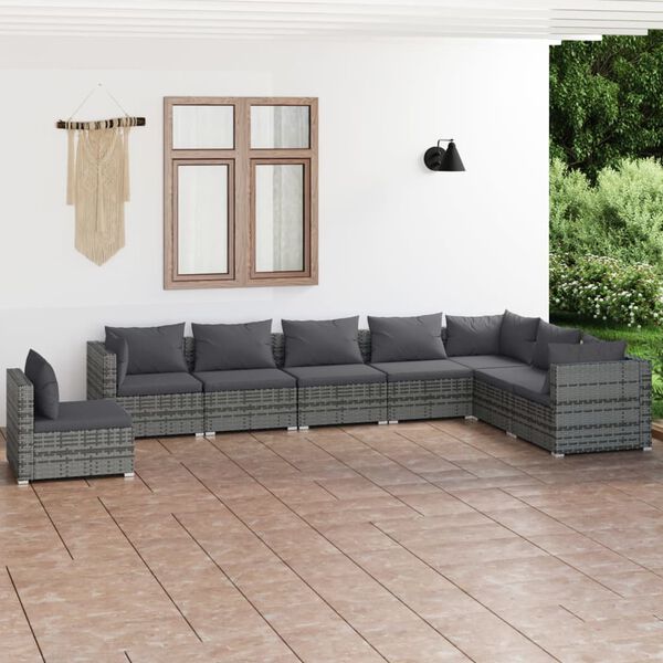vidaXL Salon de jardin 8 pcs avec coussins R&eacute;sine tress&eacute;e Gris