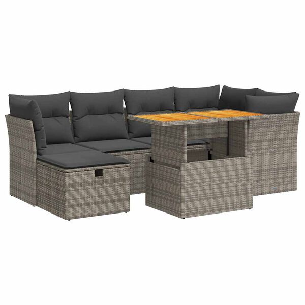 vidaXL Salon de jardin avec coussins 7 pcs gris r&eacute;sine tress&eacute;e acacia