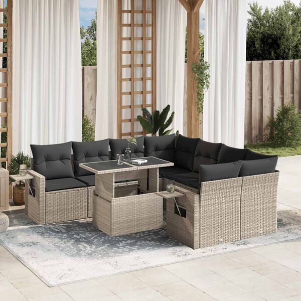 vidaXL Salon de jardin 9 pcs avec coussins gris clair résine tressée