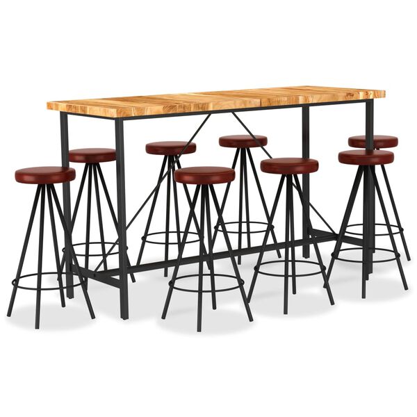 vidaXL Ensemble de bar 9 pcs Bois d'acacia solide et cuir véritable