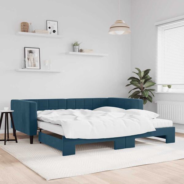 vidaXL Lit de jour avec lit gigogne et matelas bleu 100x200 cm velours