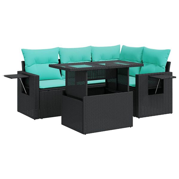 vidaXL Salon de jardin avec coussins 5pcs noir r&eacute;sine tress&eacute;e acacia