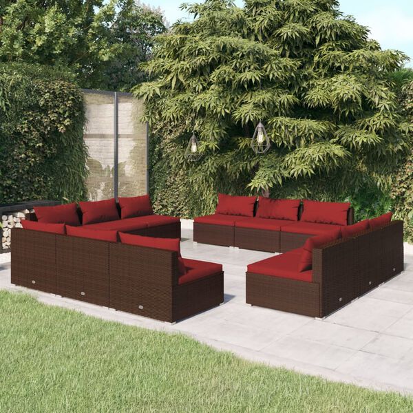vidaXL Salon de jardin 12 pcs avec coussins R&eacute;sine tress&eacute;e Marron