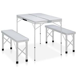 vidaXL Table de camping pliable avec 2 bancs Aluminium Blanc