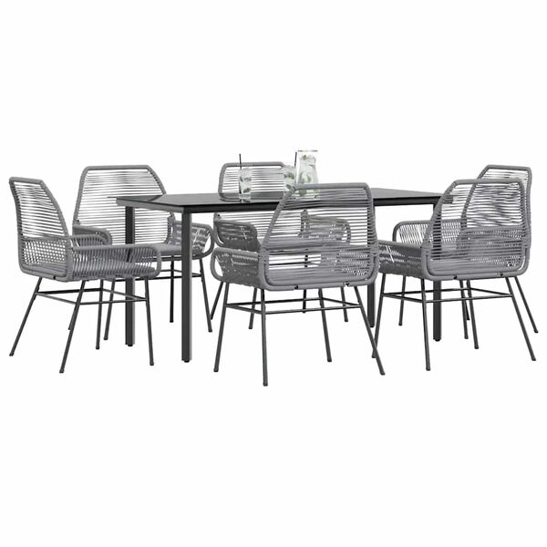 vidaXL Ensemble &agrave; manger jardin coussins 7 pcs gris poly rotin verre