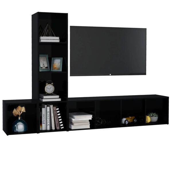 vidaXL Ensemble de meubles TV 3 pcs Noir brillant Bois d'ing&eacute;nierie