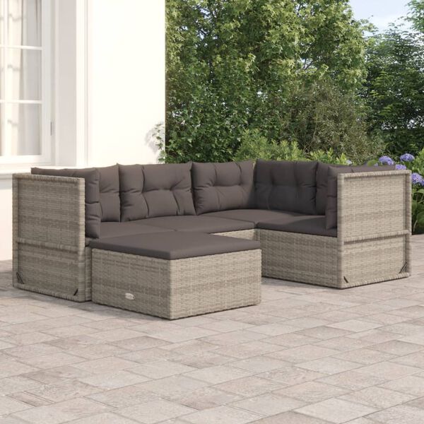 vidaXL Salon de jardin 5 pcs avec coussins Gris R&eacute;sine tress&eacute;e