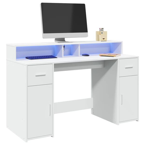 vidaXL Bureau avec lumi&egrave;res LED blanc 140x55x91 cm bois d'ing&eacute;nierie