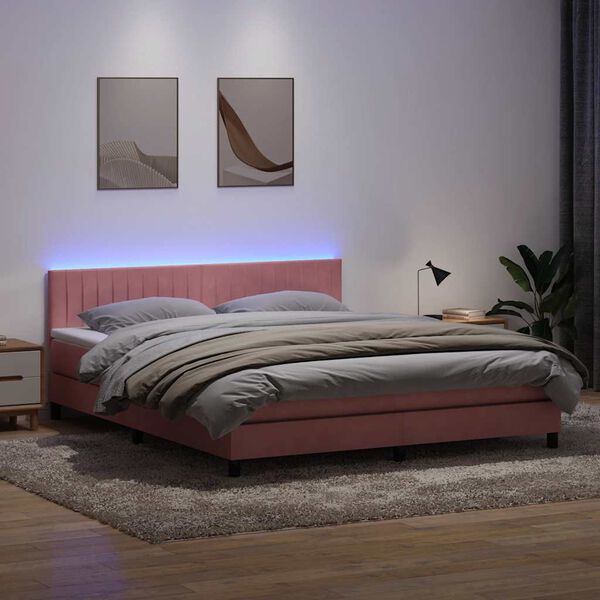 vidaXL Sommier &agrave; lattes de lit avec matelas et LED rose 180x210 cm velours