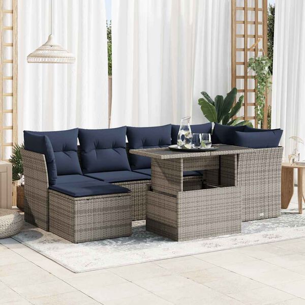vidaXL Salon de jardin avec coussins 7 pcs gris r&eacute;sine tress&eacute;e acacia