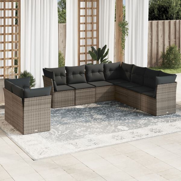 vidaXL Salon de jardin 9 pcs avec coussins gris r&eacute;sine tress&eacute;e