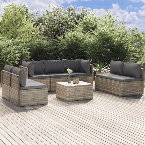 vidaXL Salon de jardin 8 pcs avec coussins Gris R&eacute;sine tress&eacute;e