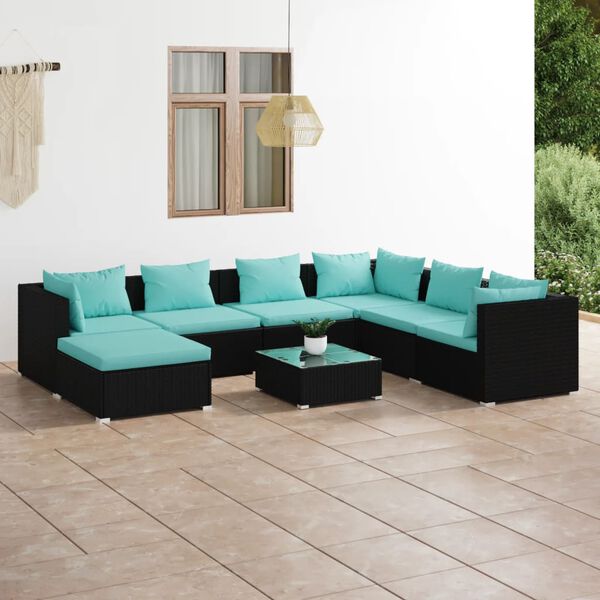 vidaXL Salon de jardin 8 pcs avec coussins R&eacute;sine tress&eacute;e Noir
