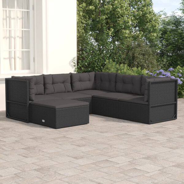 vidaXL Salon de jardin 6 pcs avec coussins Noir R&eacute;sine tress&eacute;e