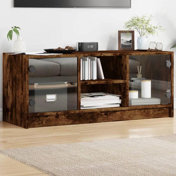 vidaXL Meuble TV avec portes en verre ch&ecirc;ne fum&eacute; 102x37x42 cm