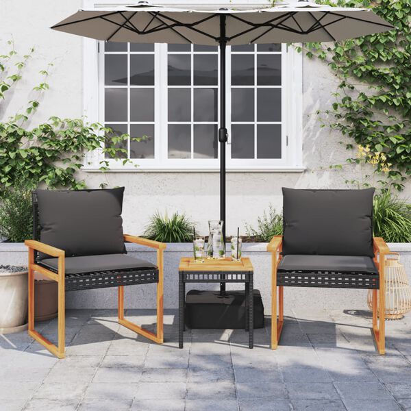 vidaXL Ensemble de bistro 3 pcs et coussins noir résine tressée acacia
