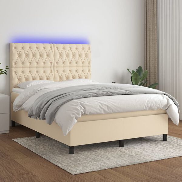 vidaXL Sommier &agrave; lattes de lit et matelas et LED Cr&egrave;me 140x190cm Tissu