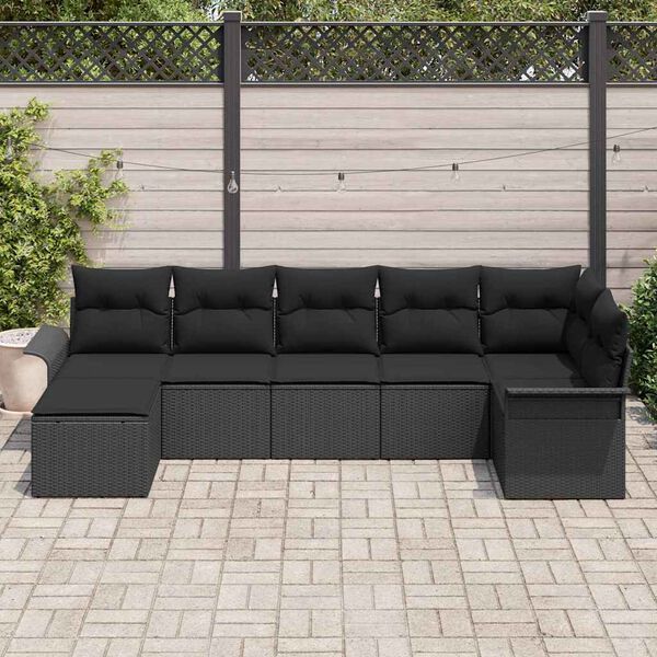vidaXL Ensemble de canapé de jardin avec coussin 7 pcs Noir Poly rotin