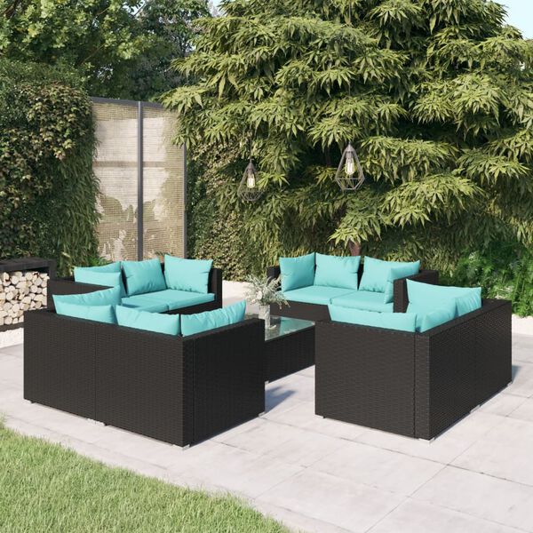 vidaXL Salon de jardin 9 pcs avec coussins R&eacute;sine tress&eacute;e Noir
