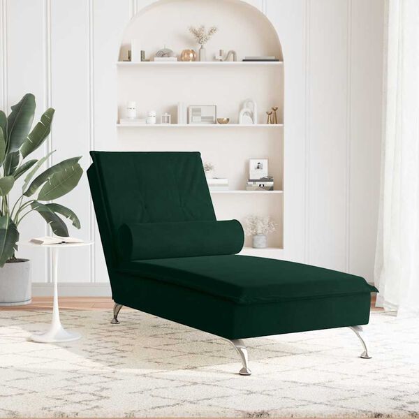 vidaXL Chaise longue de massage avec traversin vert fonc&eacute; velours