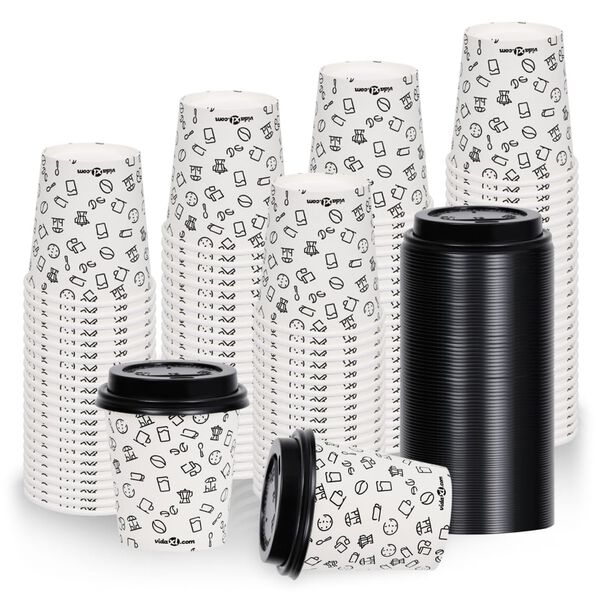 vidaXL Tasses &agrave; caf&eacute; en papier et couvercles 200 ml 100 pcs Blanc/noir