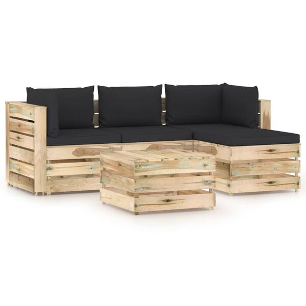 vidaXL Salon de jardin 5 pcs avec coussins Bois impr&eacute;gn&eacute; de vert