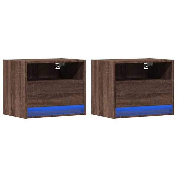 vidaXL Tables de chevet murales avec lumi&egrave;res LED 2 pcs ch&ecirc;ne marron