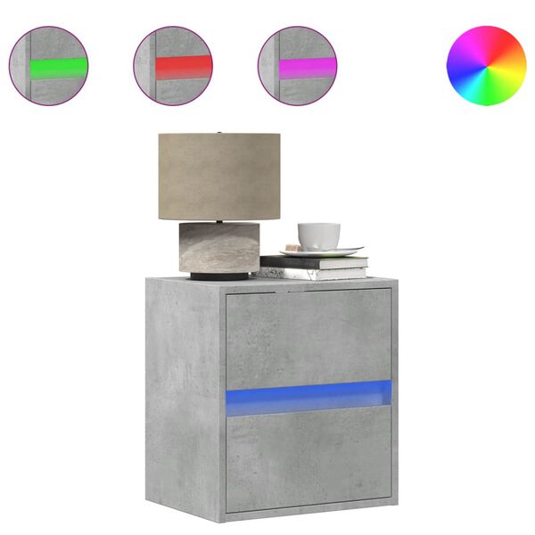 vidaXL Table de chevet murale avec lumières LED gris béton