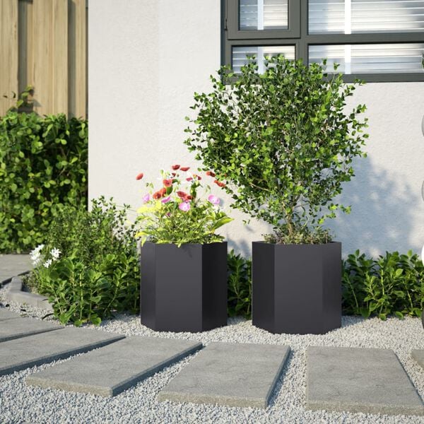 vidaXL Jardini&egrave;res 2 pcs noir hexagone 46x40x45 cm acier