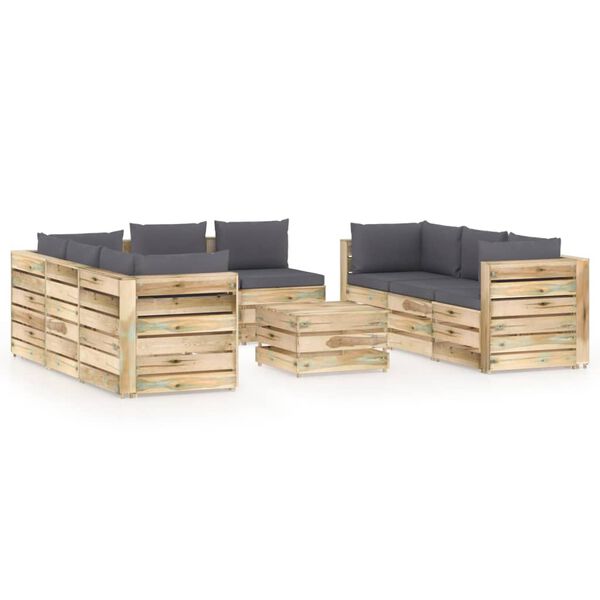vidaXL Salon de jardin 9 pcs avec coussins Bois impr&eacute;gn&eacute; de vert