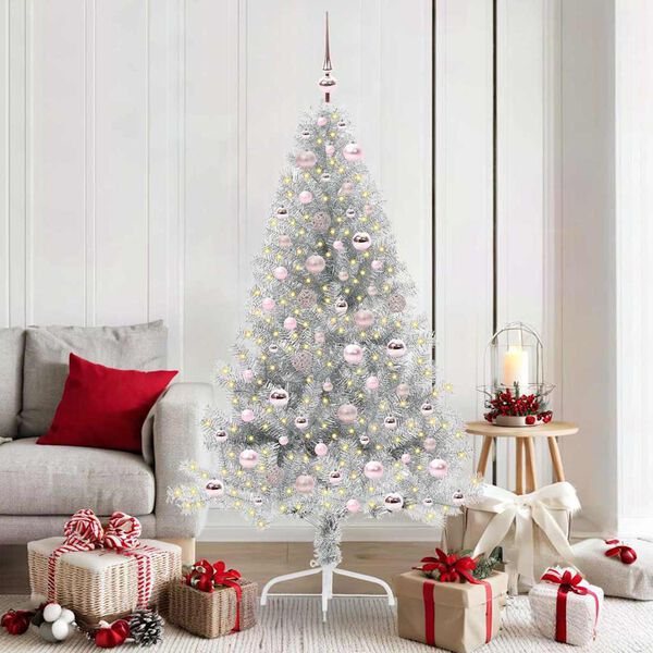 vidaXL Sapin de No&euml;l artificiel pr&eacute;-&eacute;clair&eacute; Argent 180 cm PET