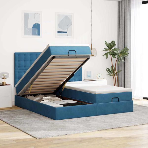 vidaXL Cadre de lit ottoman avec matelas bleu fonc&eacute; 200x200 cm velours